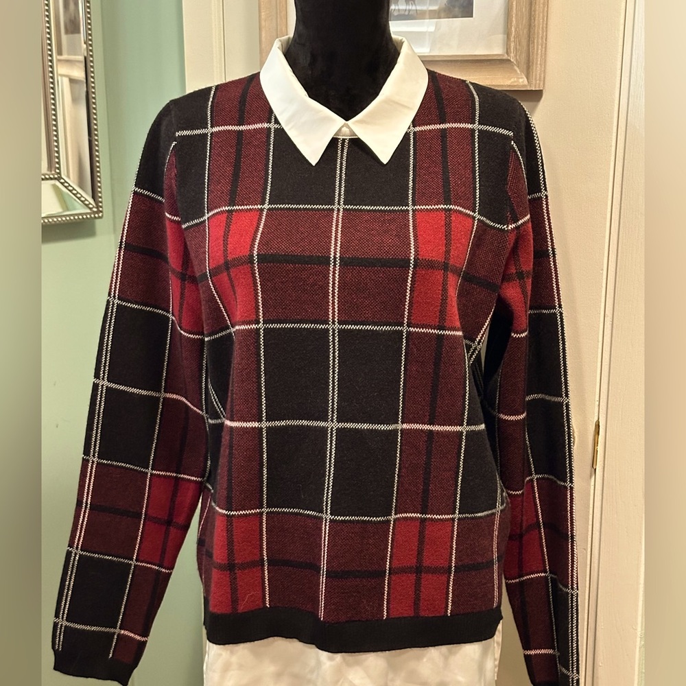 Tahari. Red/Black Plaid Sweater with attached collar and shirttail. Size XL.